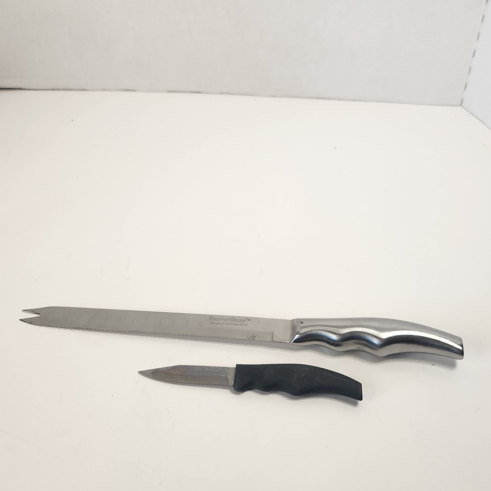 Forever Sharp Kitchen Knife Lot 8" Fork Tip Serrated Slicer & Paring Knife